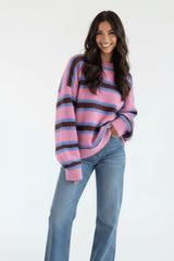 Leona | Damen Gestreifter Strickpullover – Rosa