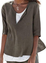 Vera | Damen Bluse 3/4-Arm Lagenlook V-Ausschnitt – Braun