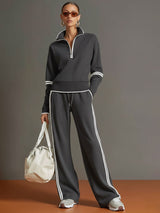 Vintage-inspirierter grauer und weißer Halbzip-Sweatshirt mit weitem Hosen-Set – Dunkelgrau