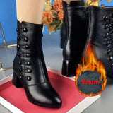 Warme leder-damenstiefel aus grobem leder – Schwarzes Vlies