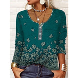 Leire | Langarm-T-Shirt mit U-Ausschnitt, geometrischem Blumendruck und Knöpfen – Grün