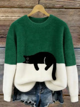 Zaidia – Gemütlicher Strickpullover Mit Süßer Katze – Grün