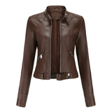 Bikerjacke Damen | Kurz mit Reißverschluss und Seitentaschen – Dunkelbraun