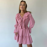 Julie | Kurzes Kleid mit Rüschen und Puffärmeln – Rosa
