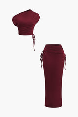 Melody | Asymmetrisches Zweiteiler-Set mit One-Shoulder Crop-Top & Maxi-Rock – Bordeauxrot