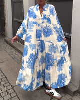 Maxikleid mit Print, Volantärmeln & Stehkragen – Stilvoll & Luftig – Blau