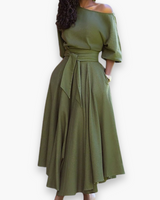 Damen Elegantes Kleid mit Gürtel | Midi – Grün