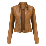 Bikerjacke Damen | Kurz mit Reißverschluss und Seitentaschen – Braun