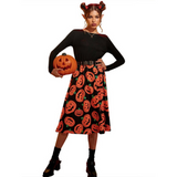 Damen Halloween-Kleid mit Kürbis-Print | Langarm & Midi-Länge – Schwarz