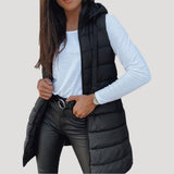 Drune | Frauen langes Gilet mit Kapuze gepolsterter Winter-Puffer – Schwarz