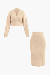 Klara | Elegantes Strick-Set mit Wickel-Oberteil & Bleistiftrock – Grau