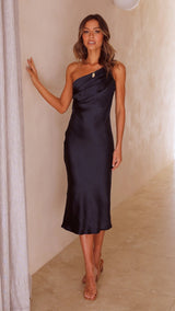 Sofia - Einschultriges Midikleid aus Satin mit eleganter Drapierung – Schwarz