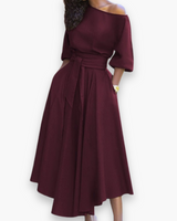 Damen Elegantes Kleid mit Gürtel | Midi – Weinrot