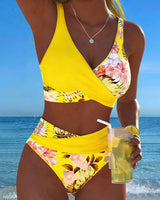 Bikini mit Blumenmuster, markantem Kontrast und verführerischem Seitenschlitz – Gelb