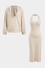 Amira | Träger-Bodycon-Midikleid mit passendem Kapuzenpullover – Beige