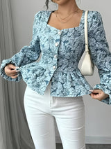 Freesia | Elegante Blumen-Jacquard-Bluse mit Herz-Ausschnitt – Pfauenblau