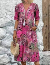 Arlene - Bedrucktes Midikleid mit V-Ausschnitt – Rote Rose