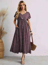 Aganietta - Neues Vintage-Kleid mit V-Ausschnitt aus Leinen und Baumwolle – Rotwein