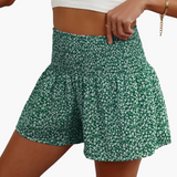 Kurze Damenhose mit hoher Taille und Rüschen, lässiger Blumenstil für den Sommer – Grün