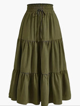 Damenrock mit Smockbund Eleganter Alltagsstil Midi Volantrock – Olivgrün