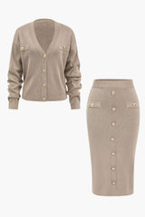Charlotte | Strick-Set mit Cardigan & Bleistiftrock – Khaki