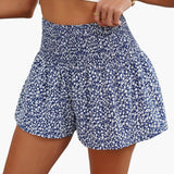 Kurze Damenhose mit hoher Taille und Rüschen, lässiger Blumenstil für den Sommer – Blau