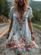 Ruby – Blossom bestickte V-Ausschnitt Kleid – Blau