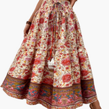 Damen Boho Lange Blumige Elegante Sommermode Rock mit Taschen – Braun