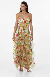 Isabella - Langes geblümtes Kleid mit Rüschen – Gelb