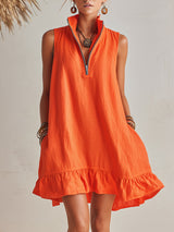 Helles Orange Leinen Halb-Reißverschluss Mini-Kleid mit Rüschensaum und Stehkragen – Orange