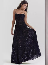 Chandrina - Transparentes Partykleid aus geblümter Spitze – Schwarz