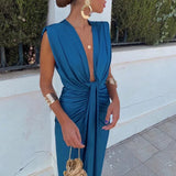 Isadora - Drapiertes Kleid mit tiefem V-Ausschnitt – Blau