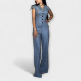 Ivy - Elegantes V-Ausschnitt Top mit passender Hose – Blau