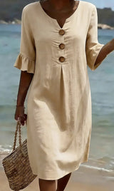 Mlaina – Elegantes Midikleid Mit Schaltfläche – Apricot