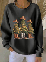 Noor - Weihnachts-Pullover mit Western-Weihnachtsbäumen – Schwarz