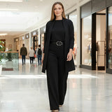 Schickes 3-teiliges Ensemble: Langer Cardigan, Top und Hose – Schwarz