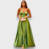 Victoria – Schulterfreies Abendkleid mit Rückenschnürung – Gelbgrün
