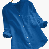 Lockere Hemdbluse für Damen - Langarm, Stehkragen & Casual – Hellblau