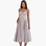 Midikleid Damen – Retro Corsagenkleid mit Trägern Sommer – Hellgrau