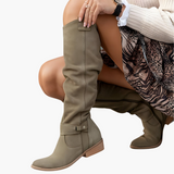 Kniehohe Stiefel - für Damen mit Blockabsatz und Reißverschluss – Armygrün
