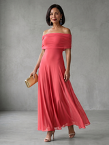 Juni | Off-Shoulder Drapiertes Midi-Kleid – Rot