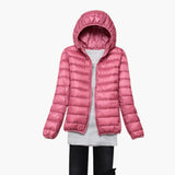Ultraleichte Daunenjacke mit Kapuze für Damen – Leder rosa