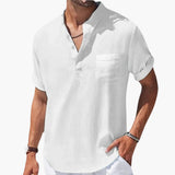 Herren Sommer T-Shirt mit Knopfleiste und Stehkragen – Weiß