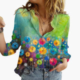 Kunstvoll bedruckte V-Ausschnitt Bluse - Damen Freizeitlook – Grün