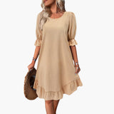 Kleid Damen - Freizeitkleid mit Volants und Puffärmeln Sommer – Beige