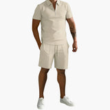 Herren Sommer-Zweiteiler mit Half-Zip-Shirt und Shorts – Khaki