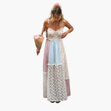 Patchwork Maxikleid - Damen Sommerkleid mit Spaghettiträgern – Creme