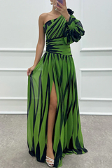 Vanessa | Einschulter Gestreift Maxikleid – Grün