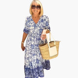 Boho Kleid Damen - Geblümtes Kleid mit V-Ausschnitt Sommer – Blau