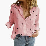 Langarm Damen-Bluse - Vintage Stil mit großen Punkten – Rosa mit kleinen schwarzen Vogelmotiven